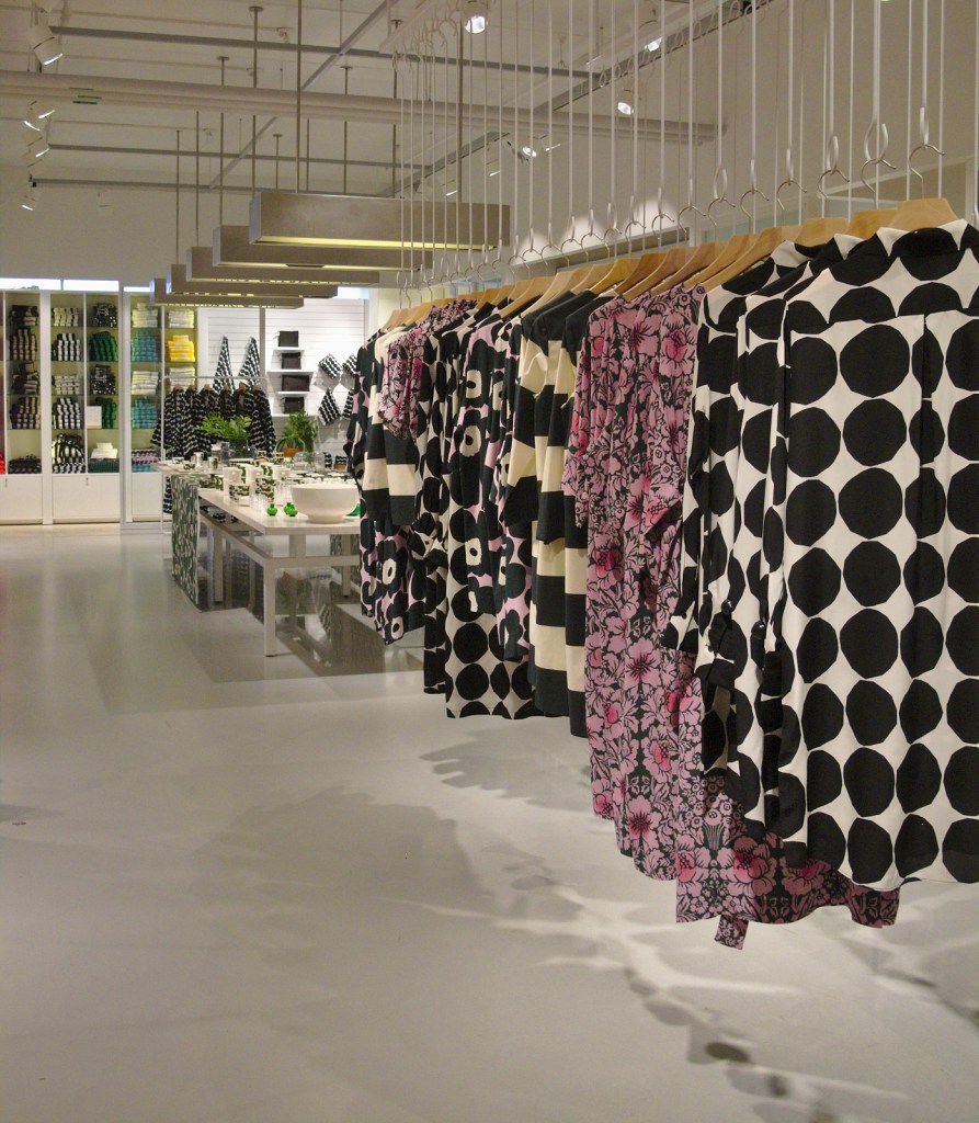 Many large-scale patterns and colourful fabrics are hallmarks of Marimekko's designs.